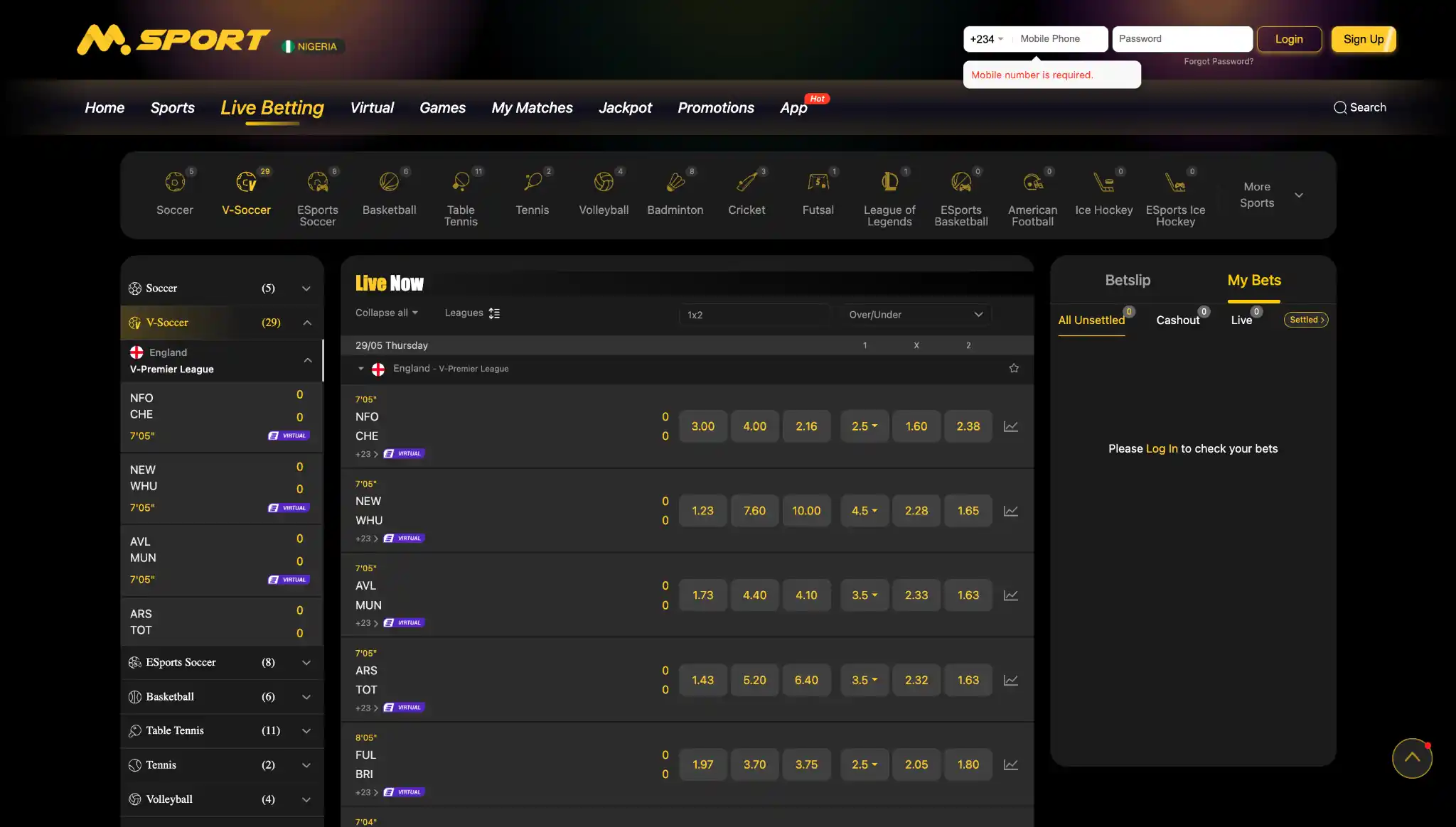 Live betting options on MSport