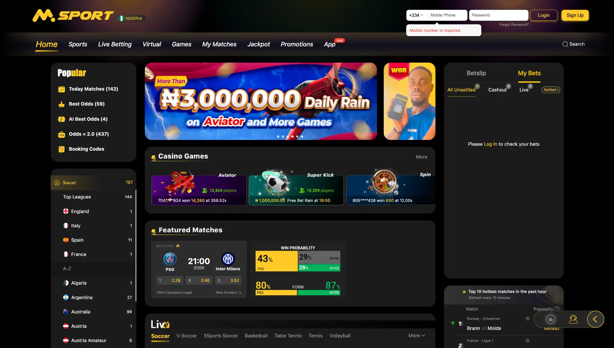 MSport main betting platform view
