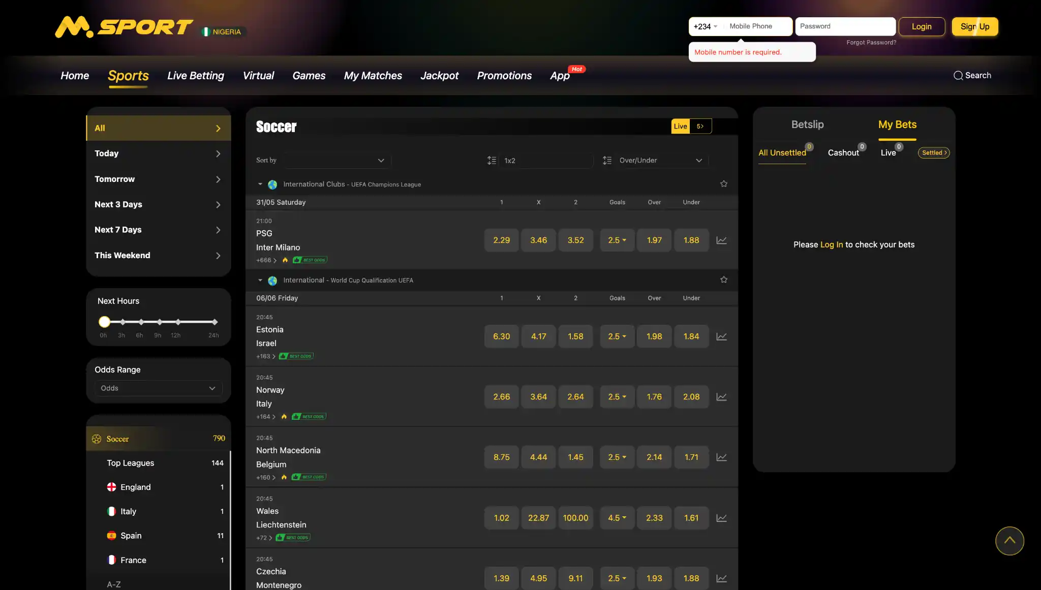 Sports betting interface on MSport